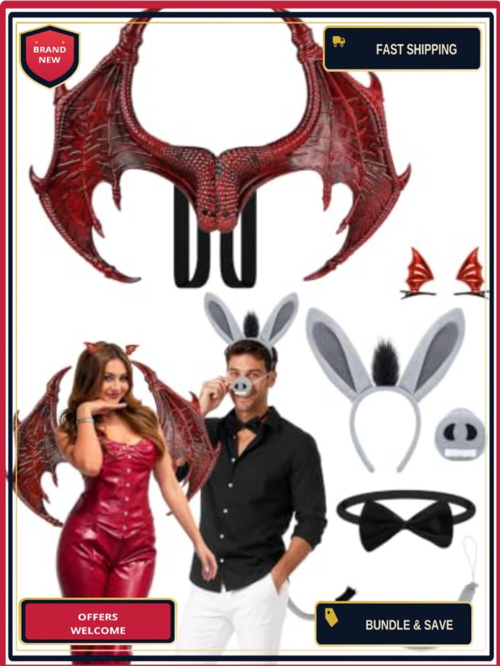Dragon Donkey Couple Costume Set 5 Pc Plush Headband Wings Tail